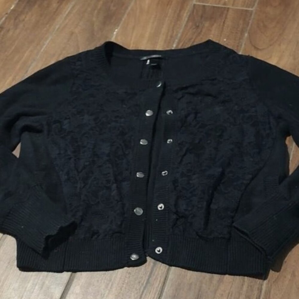 Secret L black knit cardigan lace elbow patch